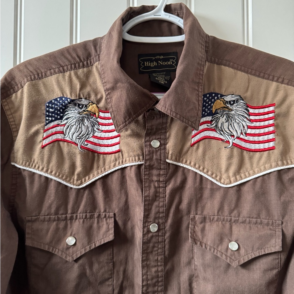 High Noon Men's Brown Western Pearl Snap Button Up USA Flag Eagle Shirt Medium